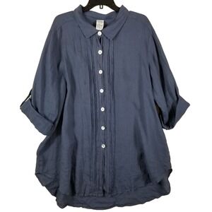 Match Point Linen Tunic Top Blue Pintuck Button Front Roll Tab XL HLT550